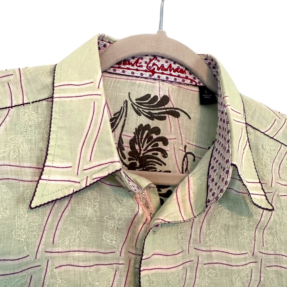 Robert Graham Embroidered Linen Blend Button Down Shirt Green Purple Mens Large - Picture 7 of 15